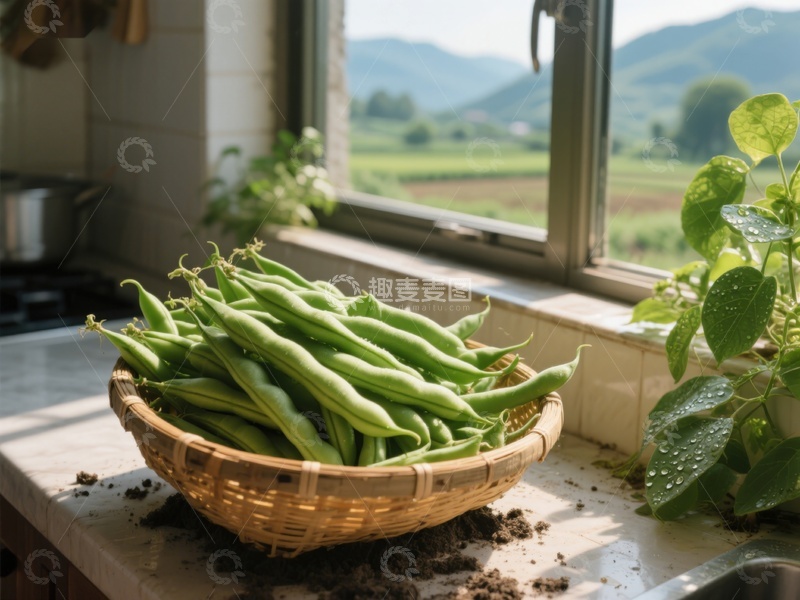 高清大图下载【趣麦麦图】窗台上的新鲜四季豆