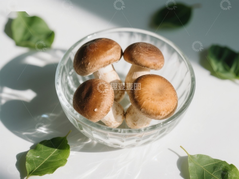 高清大图下载【趣麦麦图】玻璃碗中的蘑菇与绿叶
