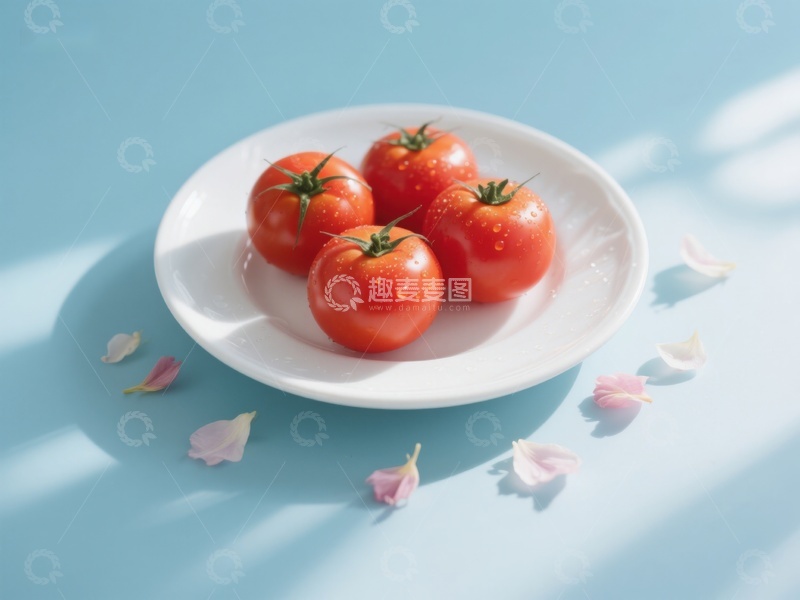 高清大图下载【趣麦麦图】盘中新鲜番茄与花瓣点缀
