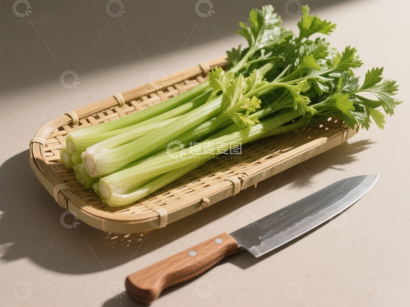 高清大图下载【趣麦麦图】-新鲜芹菜与刀具静物图