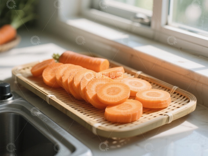 高清大图下载【趣麦麦图】切片胡萝卜置于竹制托盘上