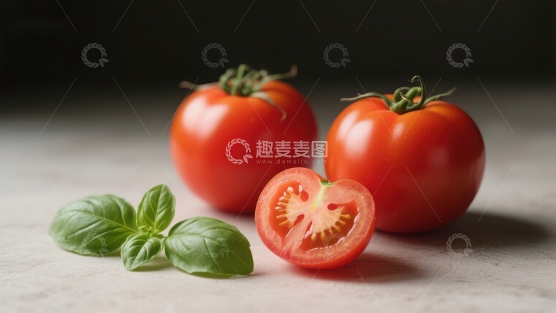高清大图下载【趣麦麦图】新鲜番茄与罗勒叶的静物组合