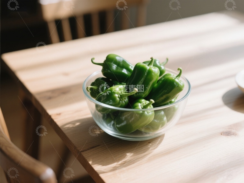 高清大图下载【趣麦麦图】透明碗中的青椒置于木质桌面上