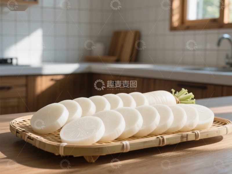 高清大图下载【趣麦麦图】厨房竹篮上的圆形白萝卜