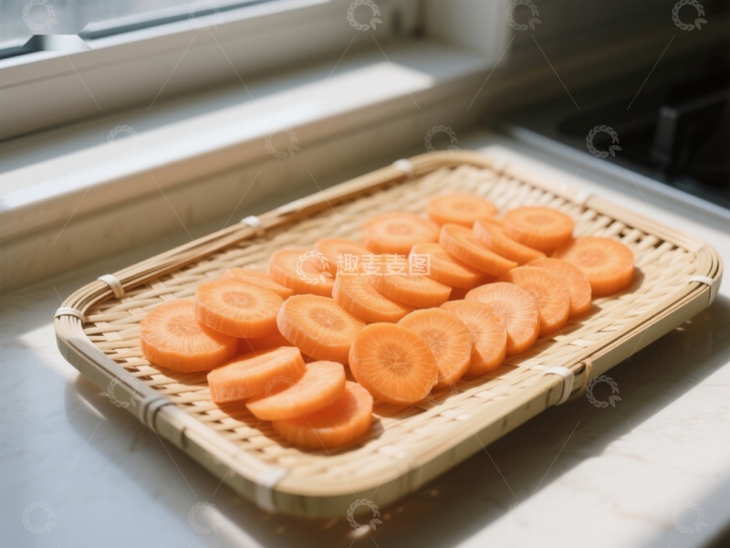 高清大图下载【趣麦麦图】切片胡萝卜置于竹编托盘上