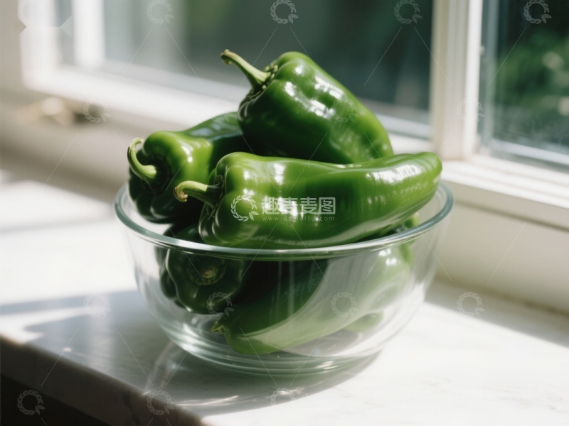 高清大图下载【趣麦麦图】窗边玻璃碗中的青椒
