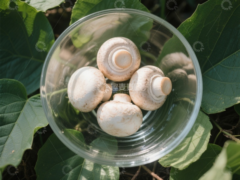高清大图下载【趣麦麦图】透明碗中的蘑菇与绿叶背景