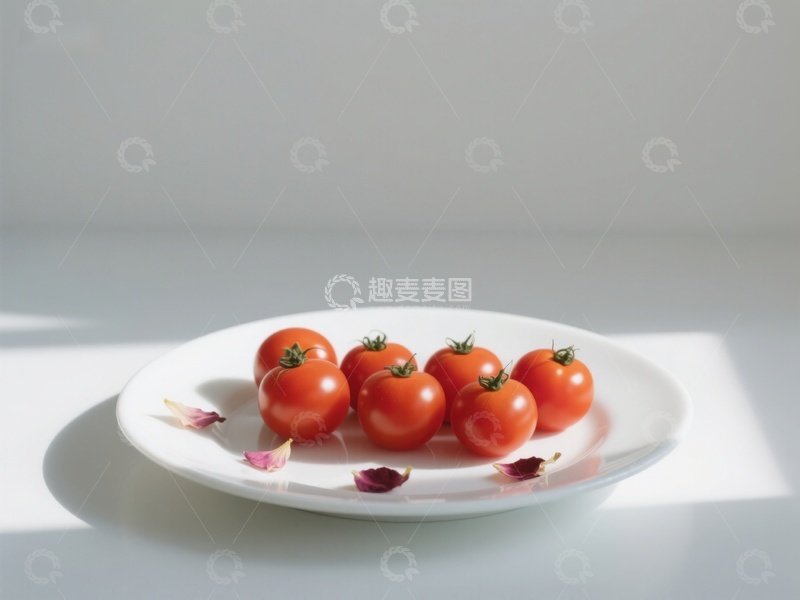 高清大图下载【趣麦麦图】盘中樱桃番茄与花瓣的静谧组合