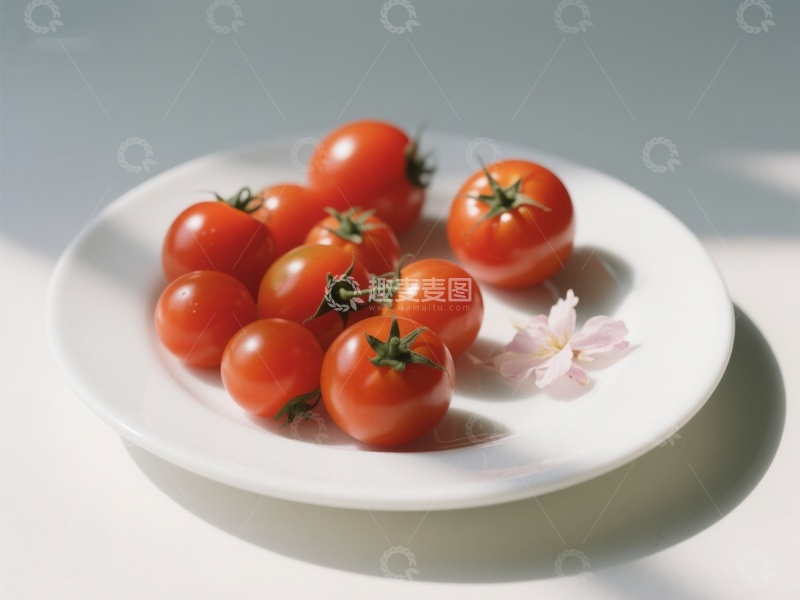 高清大图下载【趣麦麦图】盘中樱桃番茄与樱花点缀