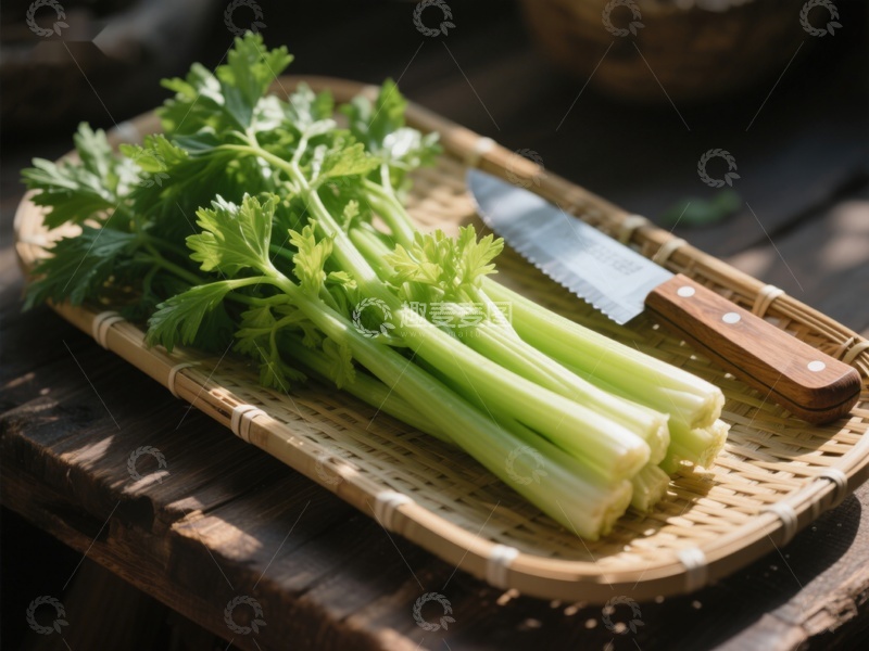 高清大图下载【趣麦麦图】新鲜芹菜与刀具置于竹篮