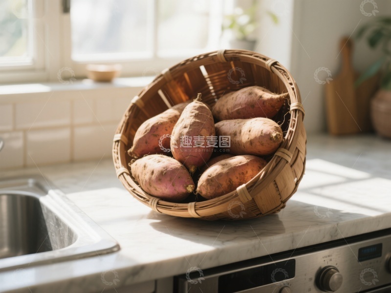 高清大图下载【趣麦麦图】篮子里的红薯置于厨房台面