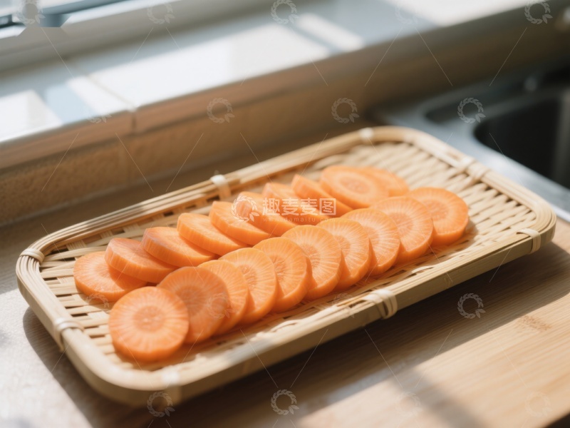 高清大图下载【趣麦麦图】切片胡萝卜置于竹制托盘