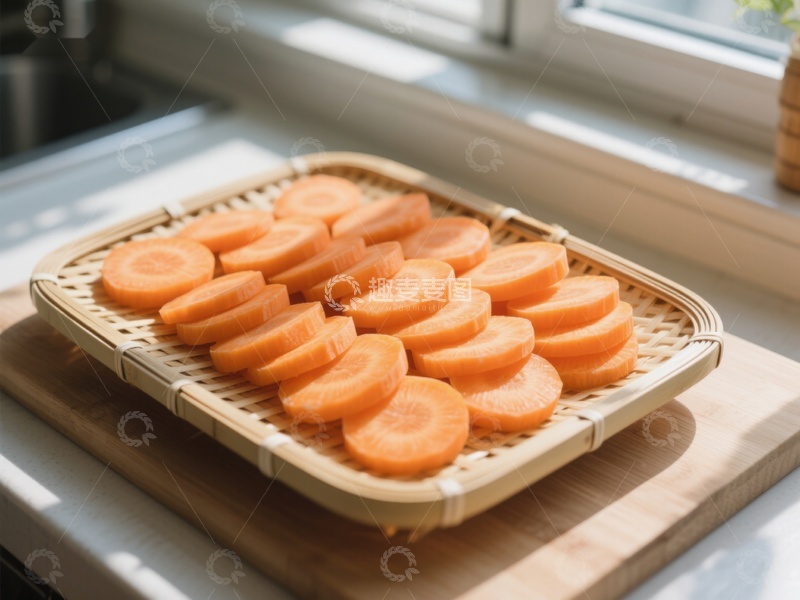 高清大图下载【趣麦麦图】竹篮中整齐排列的胡萝卜片