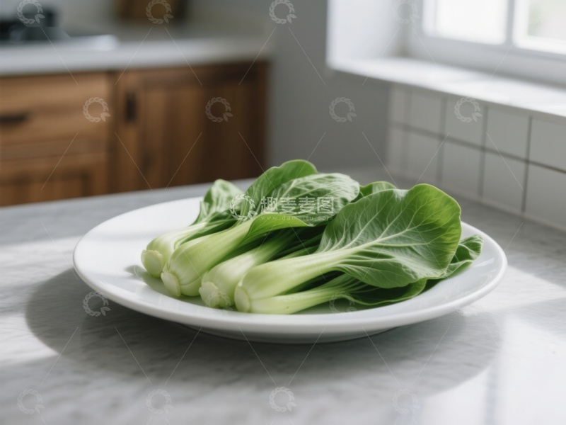 高清大图下载【趣麦麦图】新鲜青菜置于厨房白色盘中