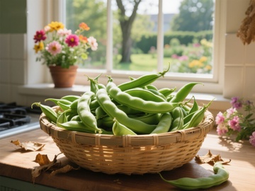 窗边篮子里的新鲜豆荚