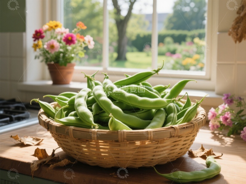 高清大图下载【趣麦麦图】窗边篮子里的新鲜豆荚
