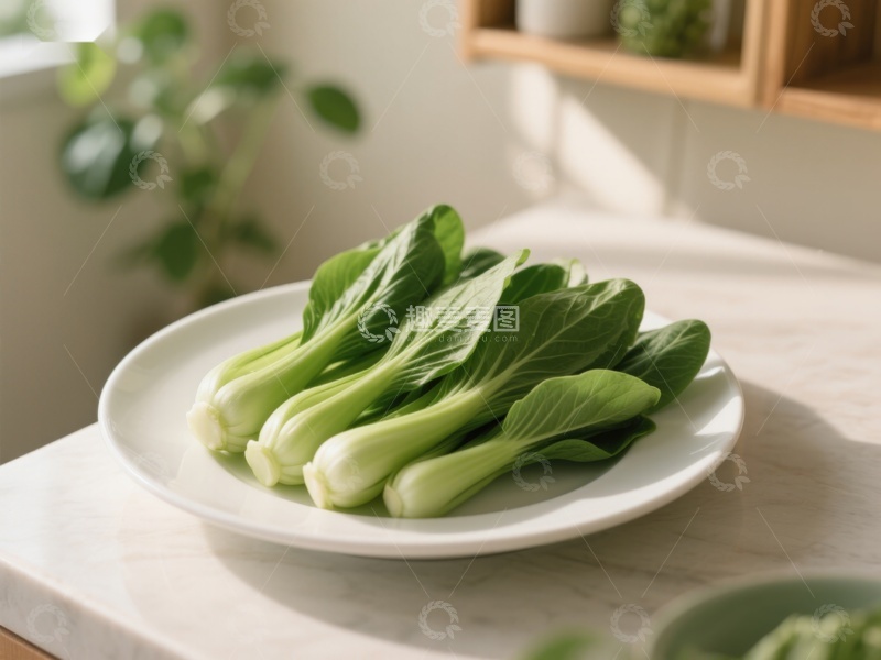 高清大图下载【趣麦麦图】新鲜青菜置于白色盘中