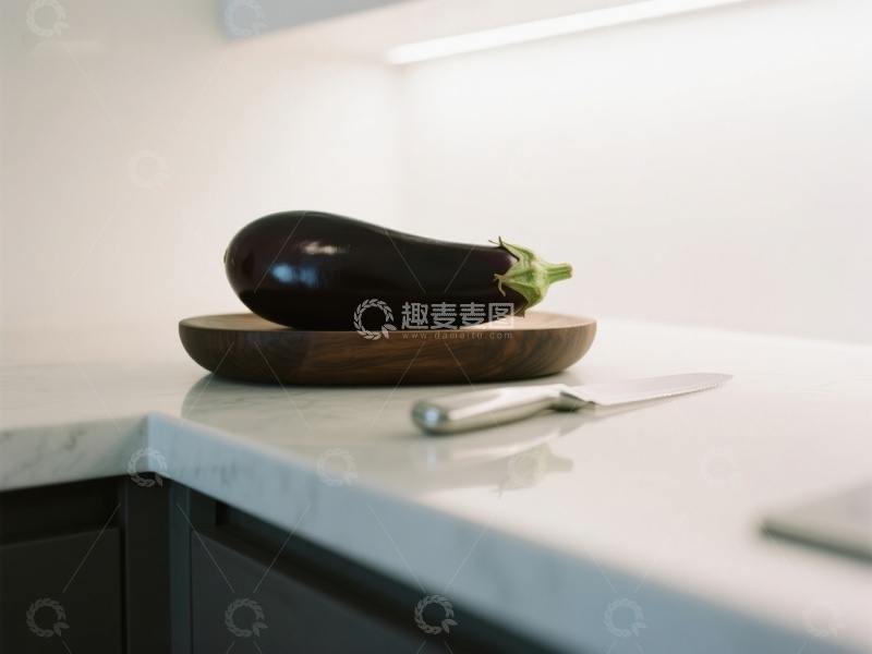 高清大图下载【趣麦麦图】厨房台面上的茄子与刀具