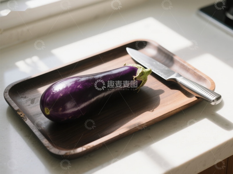 高清大图下载【趣麦麦图】茄子与刀置于木质托盘上