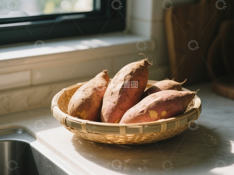 高清大图下载【趣麦麦图】窗边竹篮中的红薯