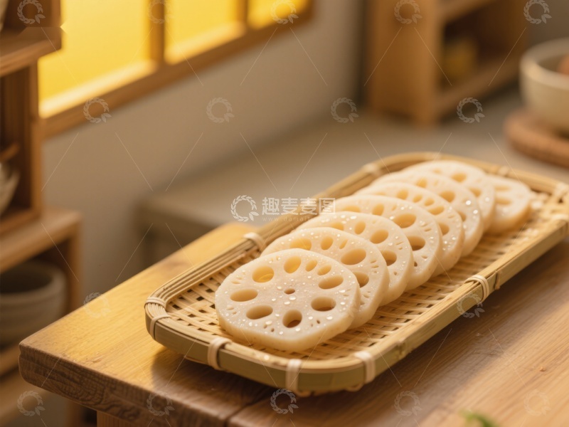 高清大图下载【趣麦麦图】莲藕片摆放在竹编托盘上