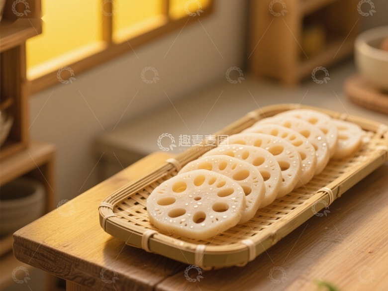 莲藕片摆放在竹编托盘上