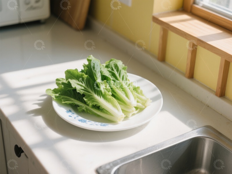 高清大图下载【趣麦麦图】新鲜生菜置于厨房窗边的盘中
