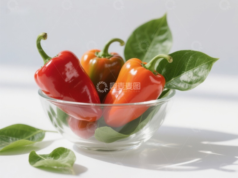 高清大图下载【趣麦麦图】玻璃碗中的彩椒与绿叶