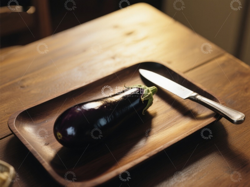 高清大图下载【趣麦麦图】木盘上的茄子与刀具