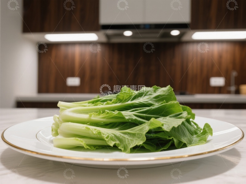 高清大图下载【趣麦麦图】新鲜青菜置于现代厨房餐桌