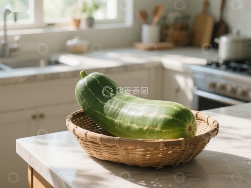 高清大图下载【趣麦麦图】厨房台面上的绿色南瓜