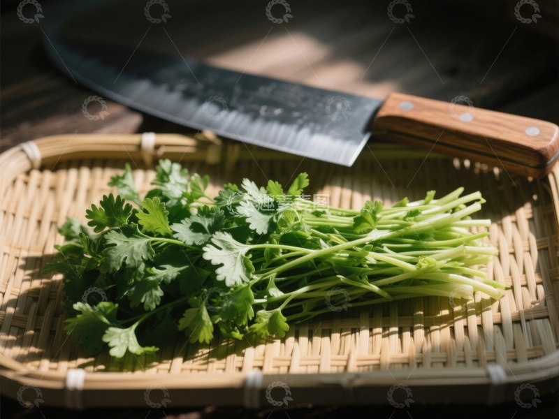高清大图下载【趣麦麦图】新鲜香菜与厨刀置于竹篮