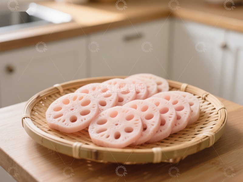 高清大图下载【趣麦麦图】莲藕切片置于竹篮中