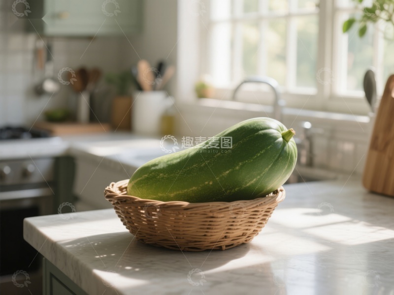 高清大图下载【趣麦麦图】厨房台面上的绿色南瓜