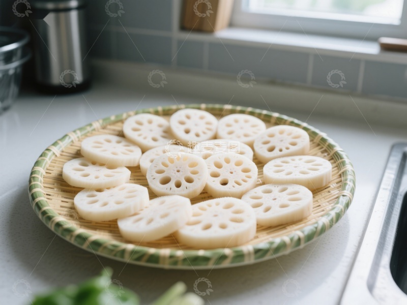 高清大图下载【趣麦麦图】新鲜莲藕片摆放在竹编盘中