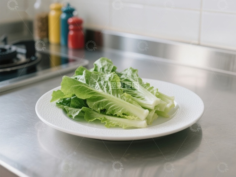 新鲜生菜置于白色盘中