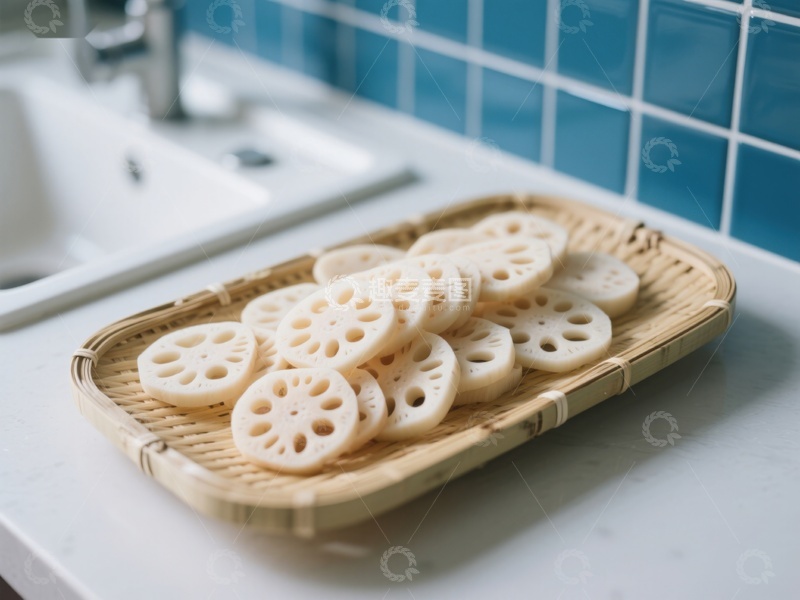 高清大图下载【趣麦麦图】莲藕切片置于竹盘中