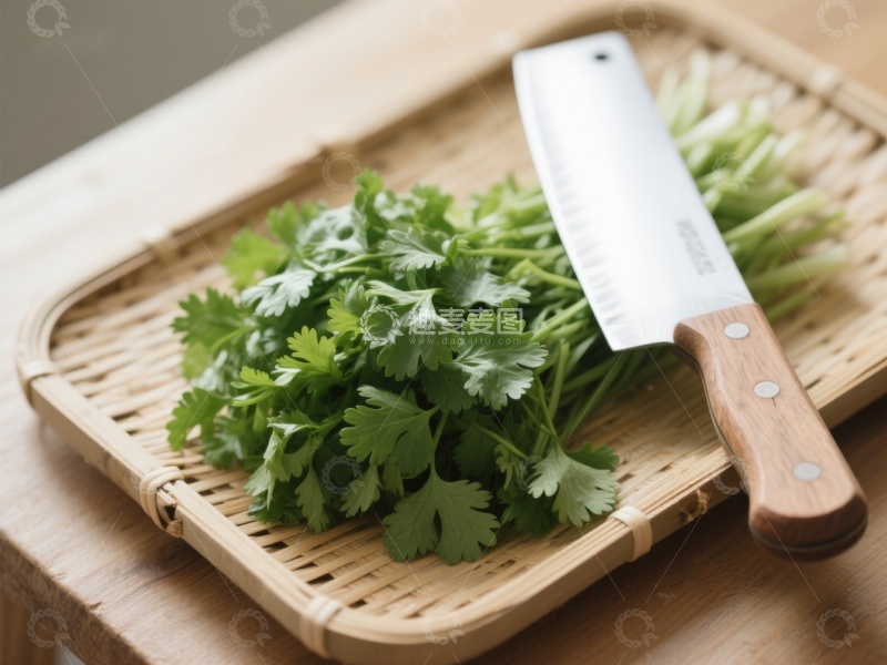 高清大图下载【趣麦麦图】新鲜香菜与刀具置于竹制砧板上