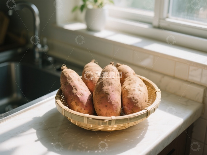 高清大图下载【趣麦麦图】窗边厨房台面上的红薯篮