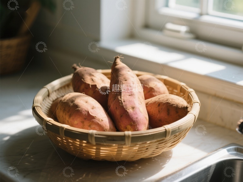 高清大图下载【趣麦麦图】竹篮中的红薯沐浴阳光