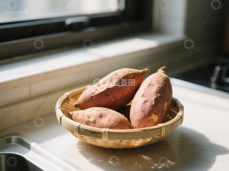 高清大图下载【趣麦麦图】窗边竹篮中的红薯
