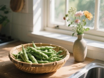 窗边的豆荚与花瓶