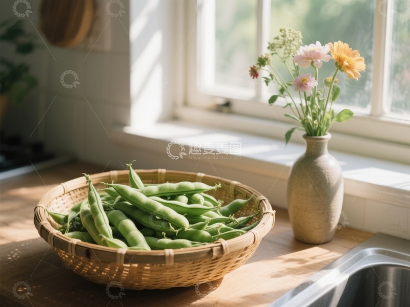 高清大图下载【趣麦麦图】窗边的豆荚与花瓶