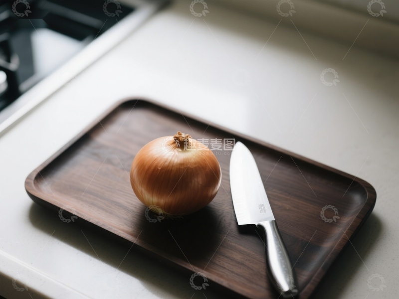 高清大图下载【趣麦麦图】洋葱与刀置于木质砧板上