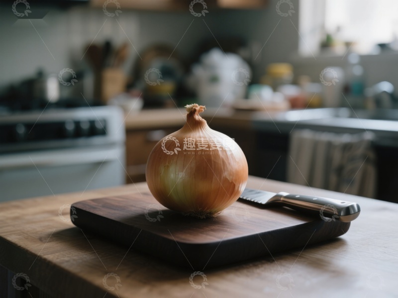 高清大图下载【趣麦麦图】厨房台面上的洋葱与刀具