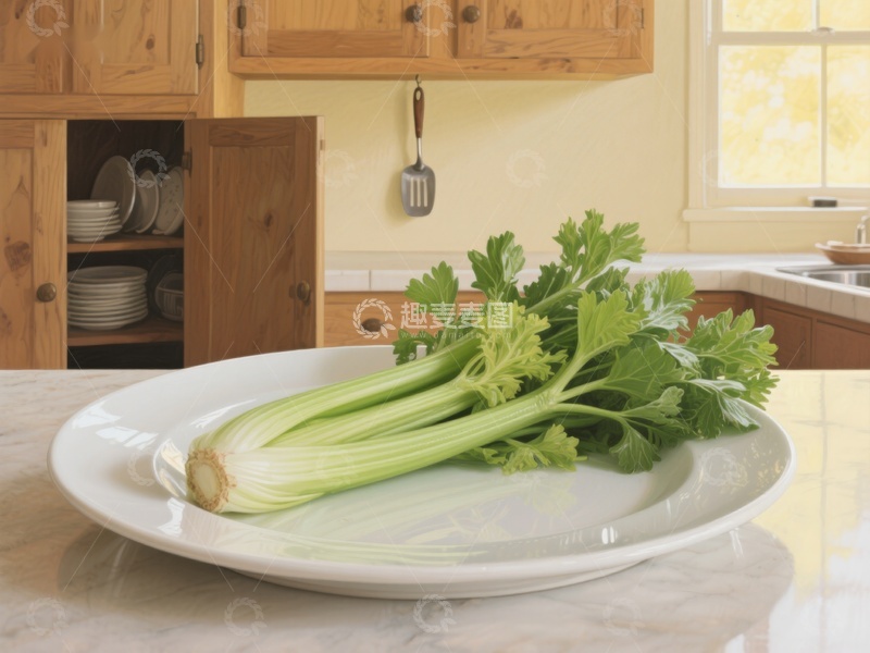 高清大图下载【趣麦麦图】新鲜芹菜置于厨房白色盘中