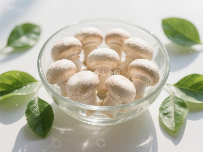 高清大图下载【趣麦麦图】玻璃碗中的新鲜蘑菇与绿叶