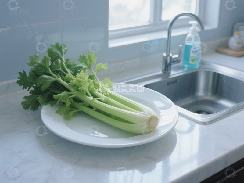 高清大图下载【趣麦麦图】新鲜芹菜置于厨房水槽旁的盘中
