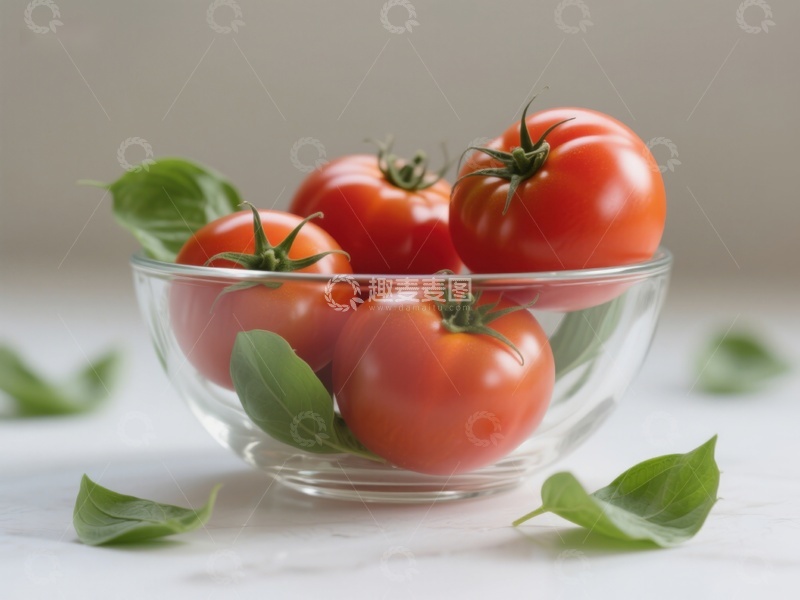 高清大图下载【趣麦麦图】玻璃碗中的新鲜番茄与绿叶