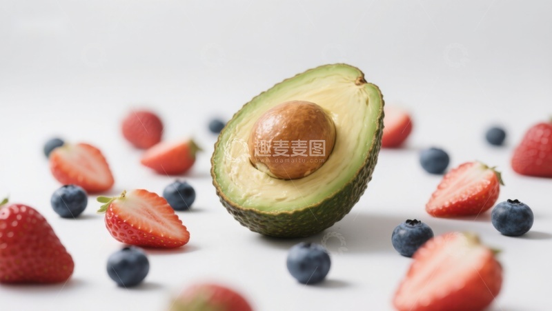 高清大图下载【趣麦麦图】新鲜水果组合：牛油果与草莓蓝莓
